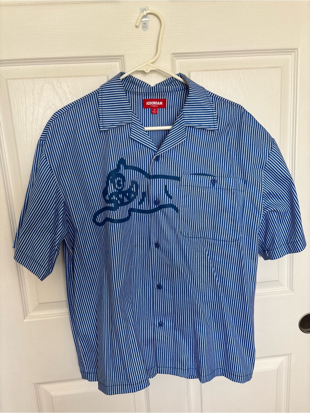 Icecream Blue and White Striped Short-Sleeve Button-Up Shirt with Graphic